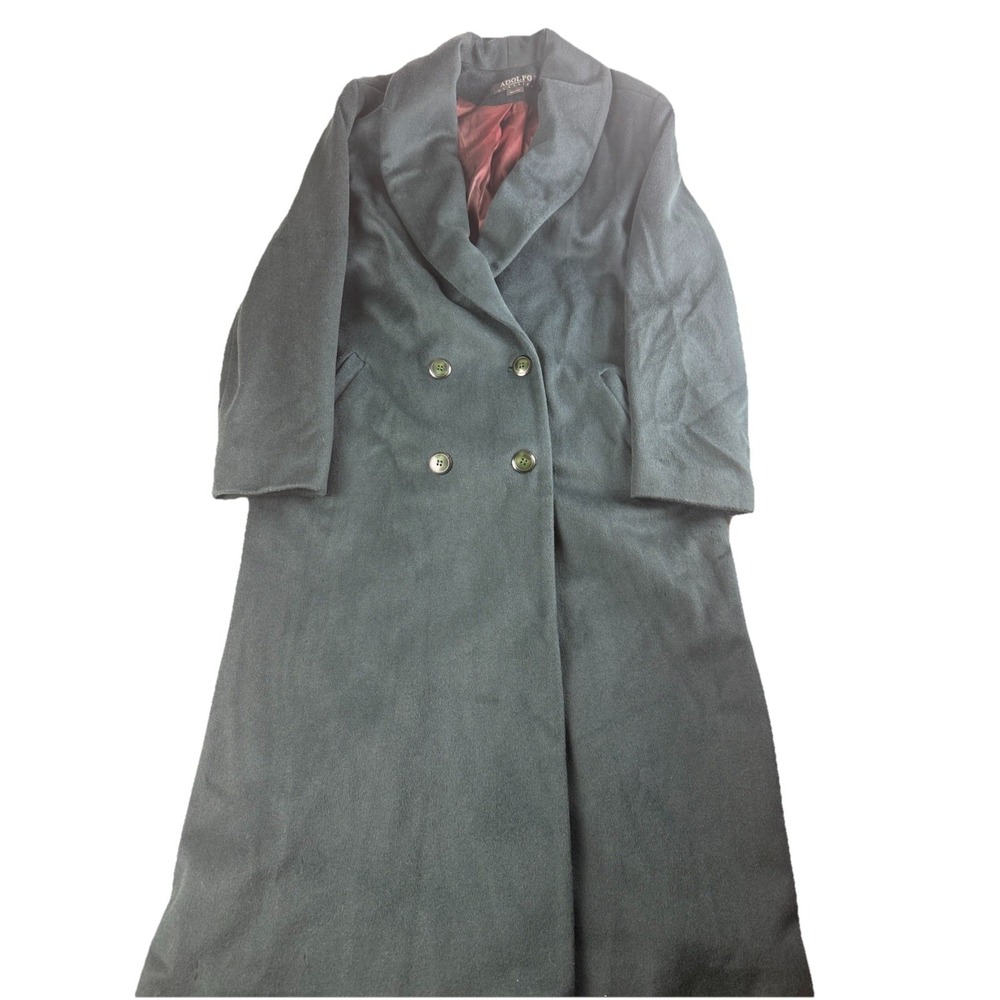 Vintage Adolfo Classics Wool Blend Long Coat Womens 10 Green Double Breasted USA